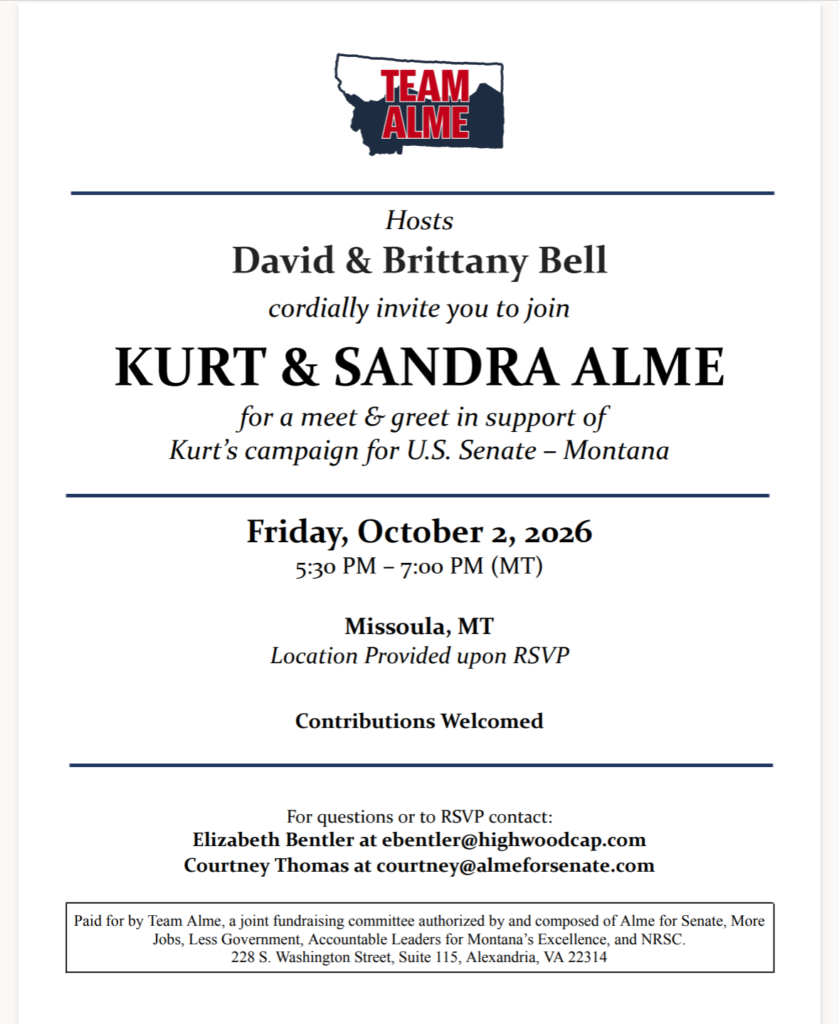 Invitation to a Kurt and Sandra Alme meet and greet in Missoula on October 2, 2026, hosted by David and Brittany Bell