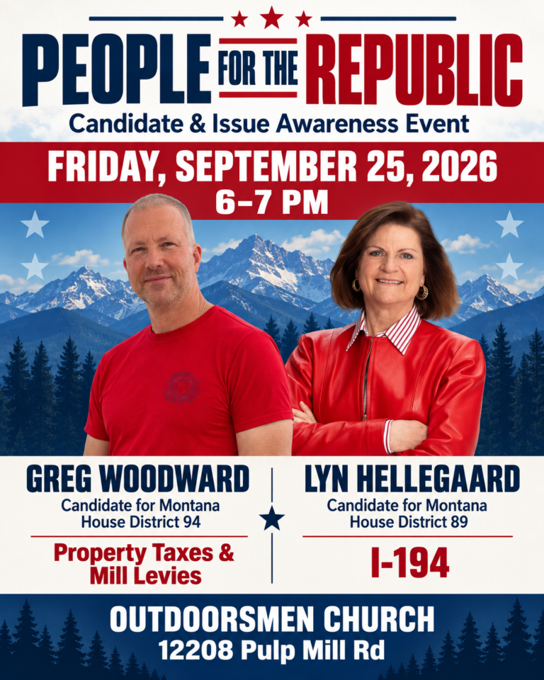 People for the Republic, Friday, September 25, 2026, 6-7 PM at Outdoorsmen Church. Greg Woodward on property taxes and mill levies. Lyn Hellegaard on I-194.